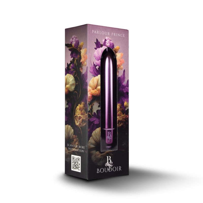 Boudoir Parlour Prince bullet vibrator packaging showcasing elegant design and colors, featuring waterproof bullet vibrator details.
