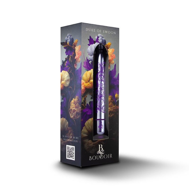 Boudoir Duke of Swoon Bullet packaging, featuring a discreet waterproof bullet vibrator design with floral accents.