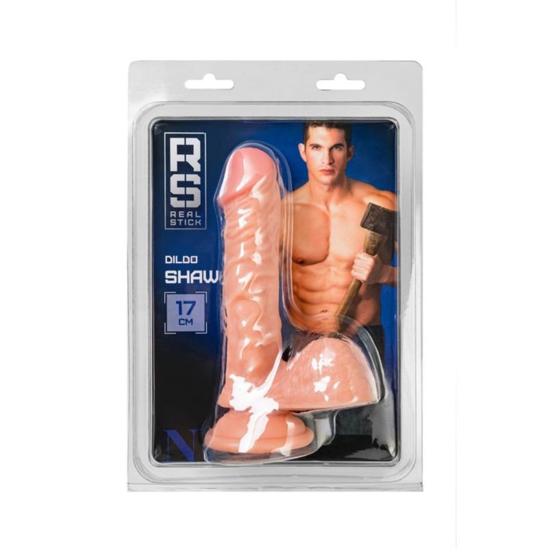 RealStick Nude Dildo Shaw packaging featuring a realistic nude dildo in a secure blister pack.