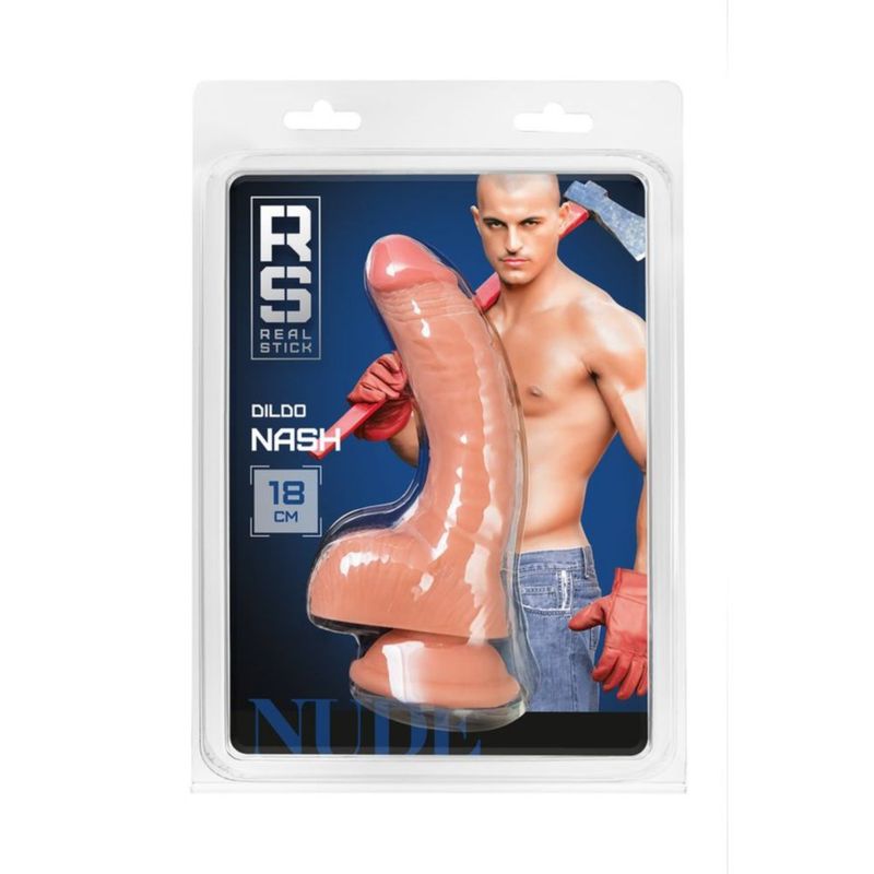 RealStick Nude Dildo Nash packaging showcasing realistic design and features for adult entertainment.