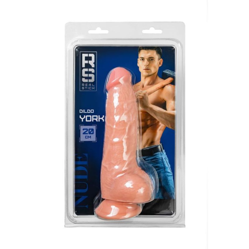 RealStick Nude Dildo York in packaging, realistic dildo with suction cup, 20cm length and body safe PVC.
