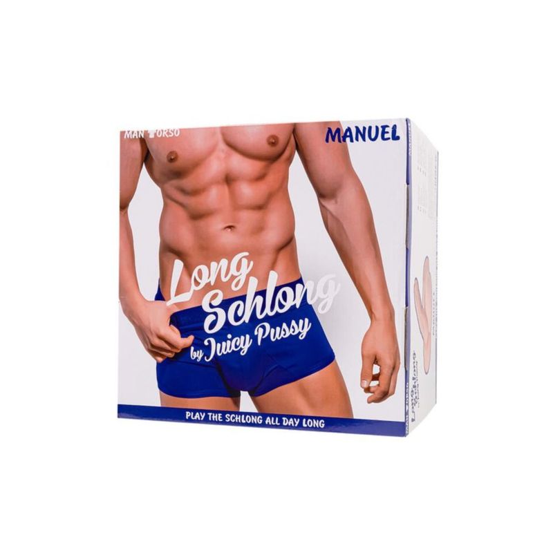 Juicy Long Schlong Manuel - Penis, Anal and Balls Torso product packaging featuring a muscular male torso wearing blue shorts.