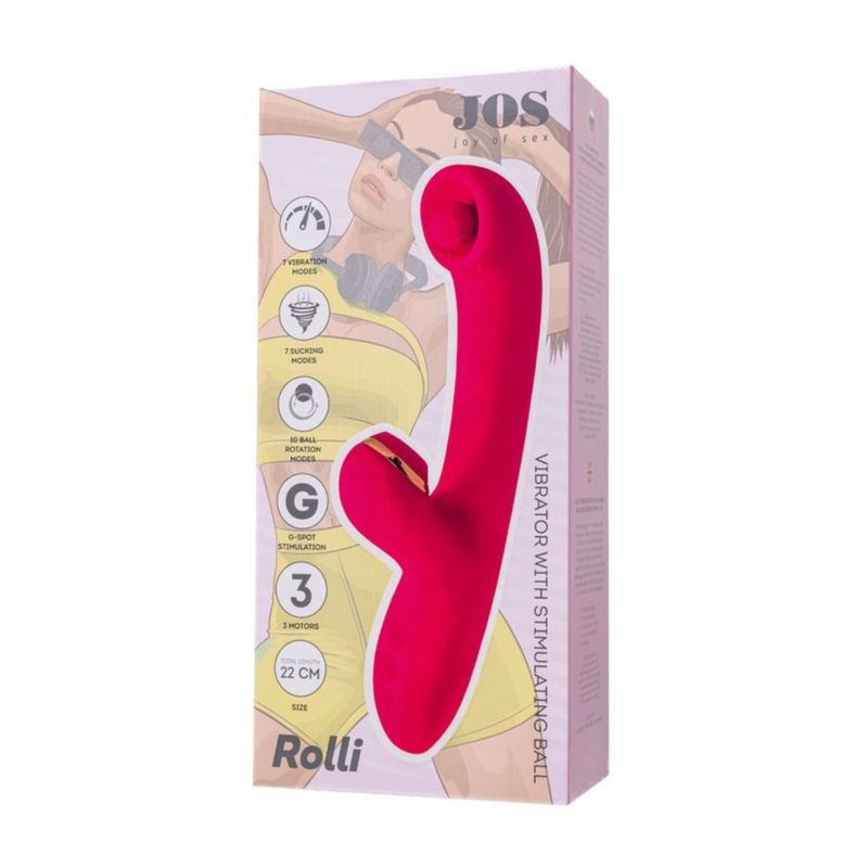 JOS Rolli dual-action clitoral vibrator in vibrant pink packaging with features highlighted.