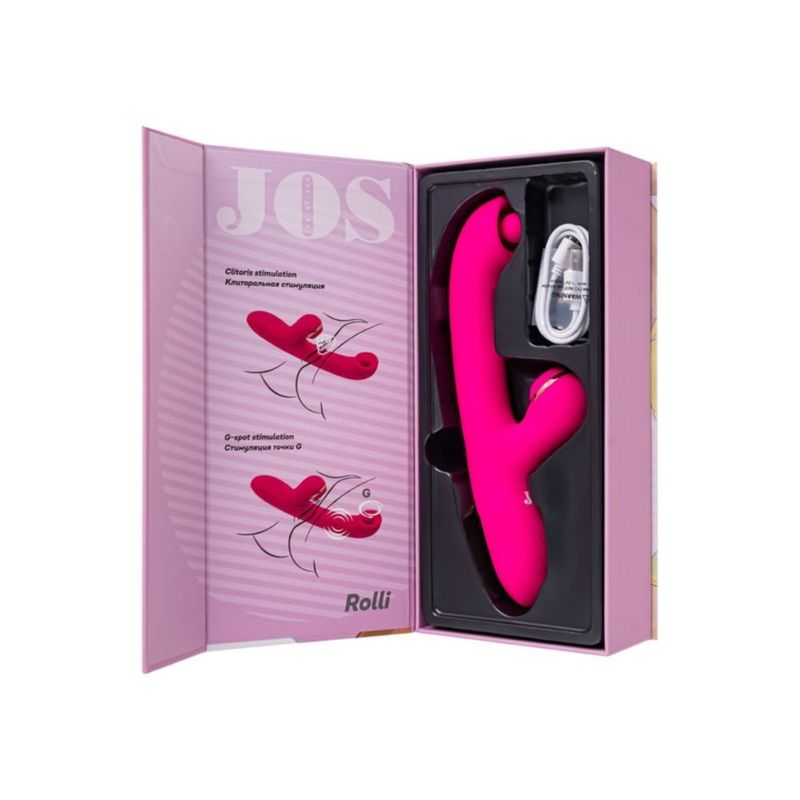 JOS Rolli dual-action clitoral vibrator in packaging with instructions for clitoral and G-spot stimulation.