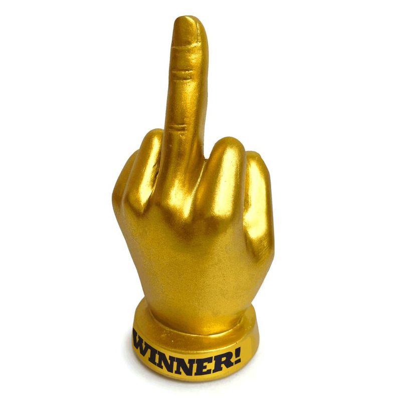 customizable FU Finger Trophy with a golden hand gesture declaring 'WINNER!'