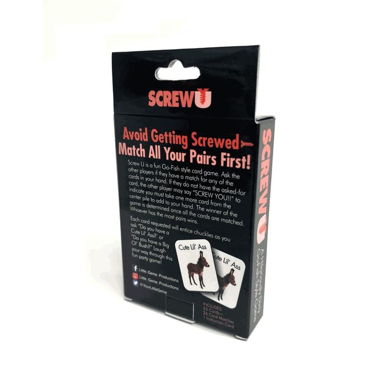 Screw U card game packaging showcasing the fun and suggestive card game with matches and instructions.