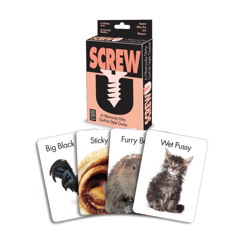 Screw U card game featuring suggestive cards like Wet Pussy and Big Black, highlighting the fun of a suggestive card game.