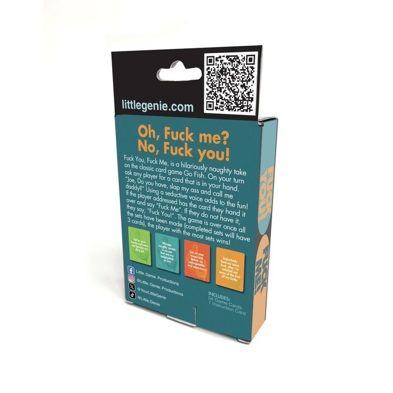 Packaging of the Fuck You Fuck Me card game for adults, featuring playful design and game instructions.