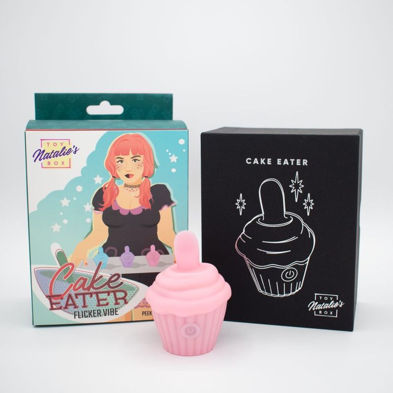 Cake Eater Clit Flicker Stimulator Pink in packaging, intimate essentials for her, adult novelty store product