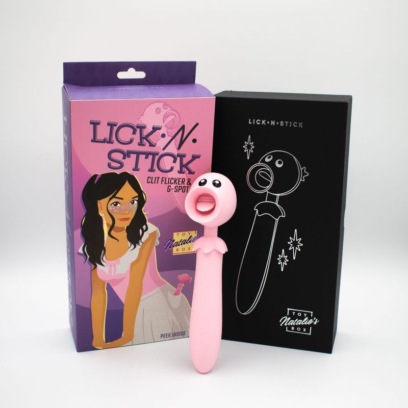 Lick N' Stick clit flicker G-spot vibrator packaging with pink toy, designed for G-spot clitoral vibrator pleasure.