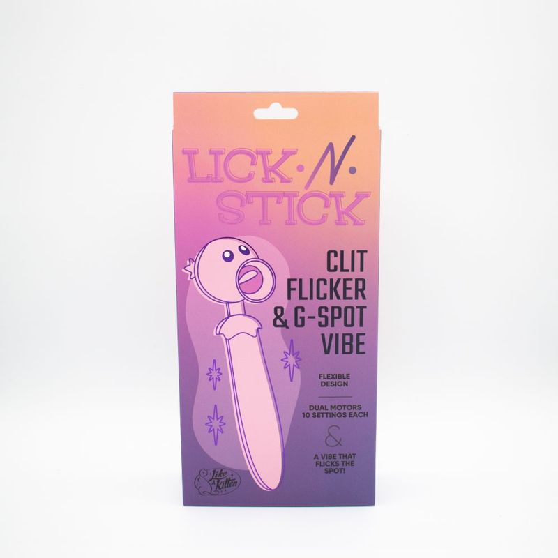 Lick N' Stick Clit Flicker & G-Spot Vibrator packaging showcasing innovative design for G-spot clitoral vibrator.