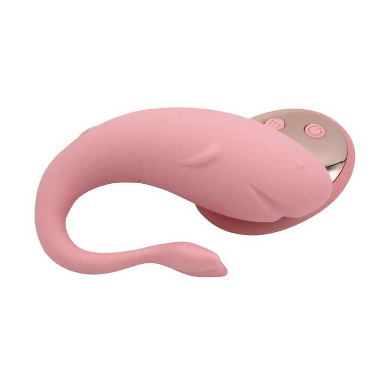Orcasm remote controlled wearable vibrator in pink, shaped like a whale, designed for internal and external stimulation.