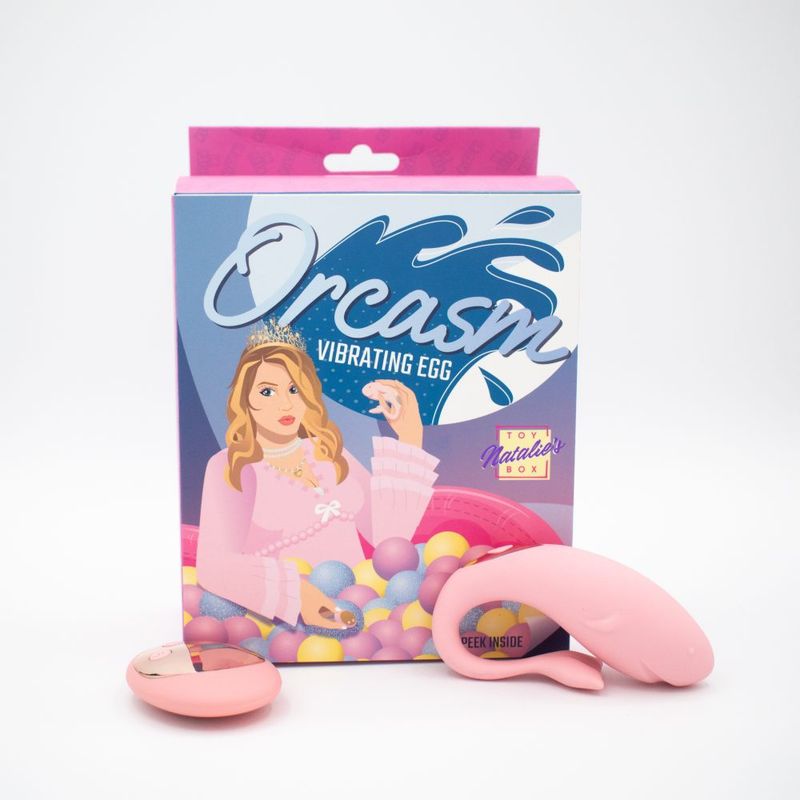 Orcasm Remote Controlled Wearable Vibrator in packaging with illustration and pink color design.