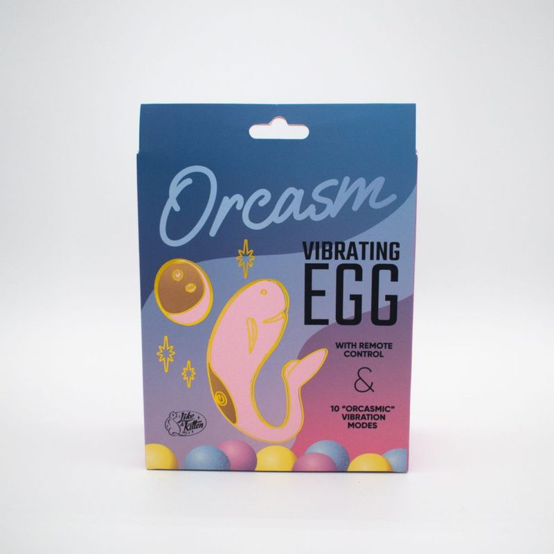 Orcasm vibrating egg packaging featuring remote controlled wearable vibrator with vibrant colors and design.