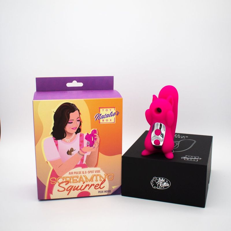 Screaming Squirrel Air Pulse & G-Spot Vibrator with stylish packaging and pink design.