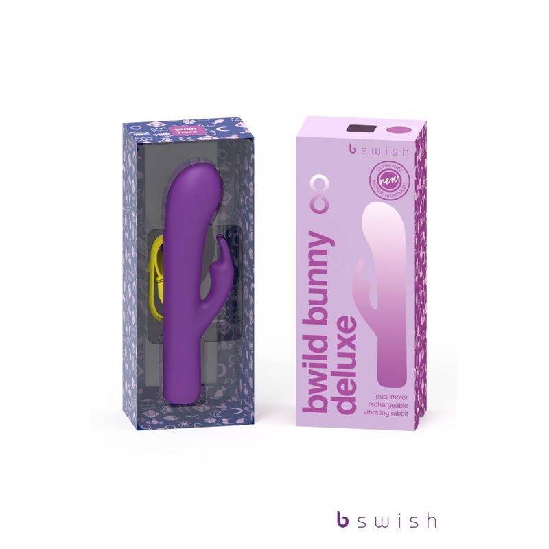 Bwild Bunny Infinite Deluxe in packaging, a dual motor rabbit massager with vibrant purple design.