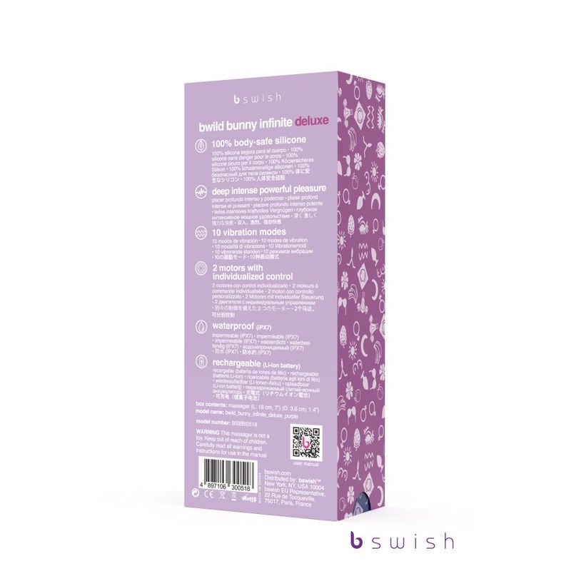 Bwild Bunny Infinite Deluxe packaging showcasing features of dual motor rabbit massager in waterproof design.
