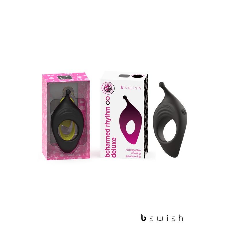Bcharmed Rhythm Infinite Deluxe Black intimate massager with packaging showcasing its design and features.
