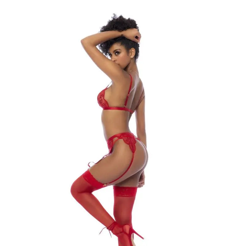 Red 3 Pc Set w/ Bralette, Garter Belt and Thong Mapale Discreet Intimate Essentials.