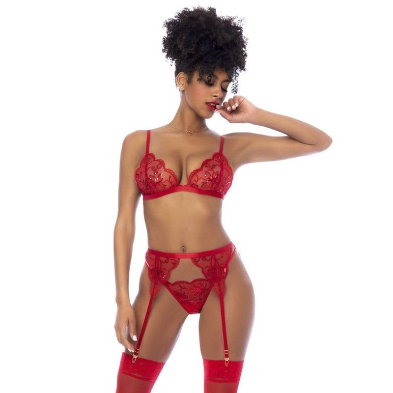 Red lingerie set with bralette and garter belt displayed on a model, featuring floral sequin embroidery.