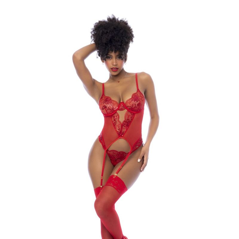 Stunning red lingerie set with thong, featuring lace and mesh design, perfect for romantic occasions.