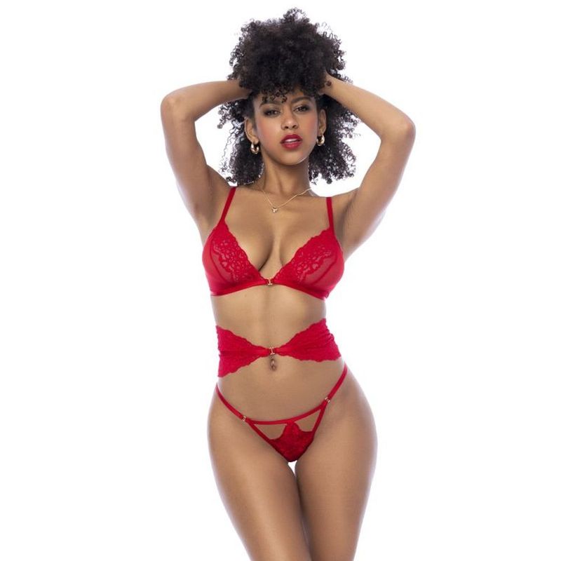 Red lingerie set with adjustable bra, featuring lace detail and a matching thong.