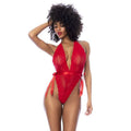 Red lace bodysuit with side ties featuring halter neck and satin tie detail showcasing sexy curves.