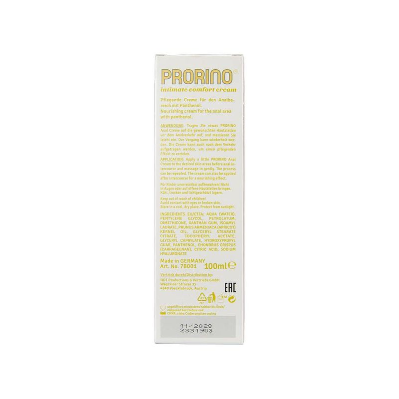 PRORINO Unisex Sensitive Anal Comfort Cream 100ml packaging, nourishing cream for anal area, intimate essentials.