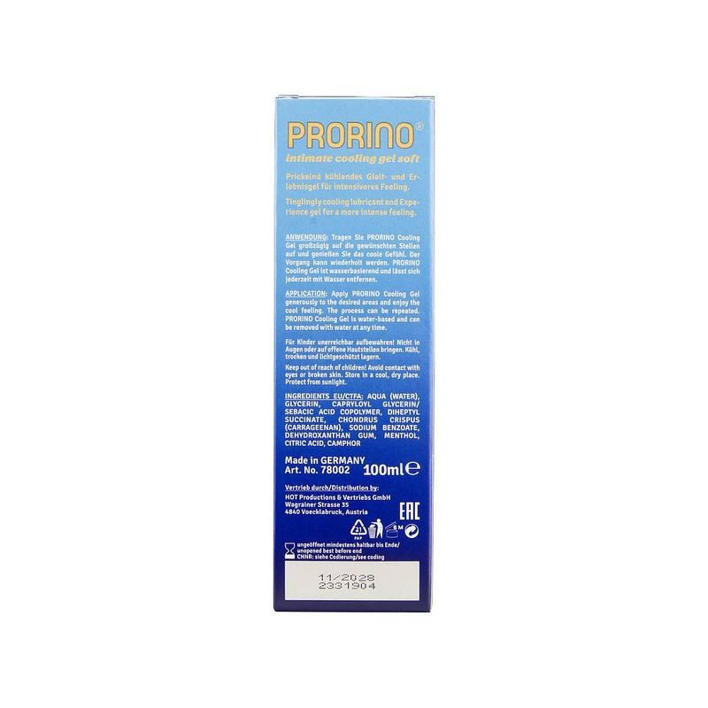 PRORINO Cooling Gel Soft 100ml pack showing ingredients and usage for intimate essentials.