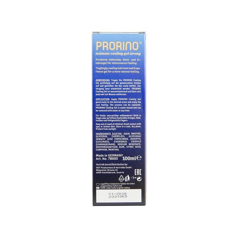 PRORINO Cooling Gel Strong 100ml packaging showing product details and application instructions for Prorino cooling gel lubricant.