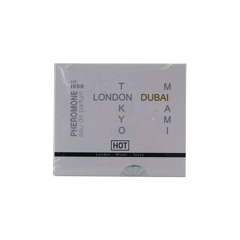 HOT pheromone perfume box for women featuring London, Dubai, Miami, and Tokyo scents in a stylish package.