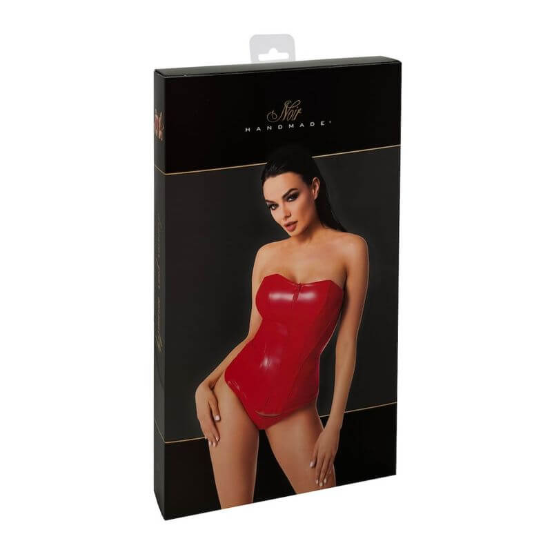 Mysteria Corset Red in packaging featuring a model showcasing its seductive design, perfect for intimate essentials.
