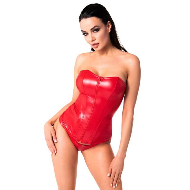 Woman modeling the Mysteria Corset Red, a stunning red corset for women designed to enhance curves and captivate.