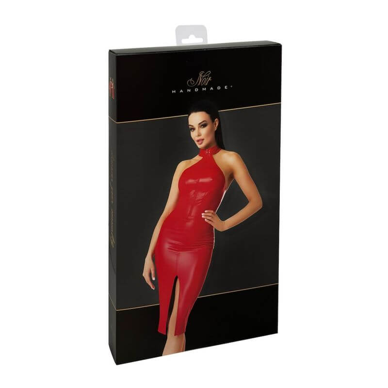 Orgia Midi Dress Red packaging featuring a model in a sleek red dress, showcasing its stylish design and confident allure.