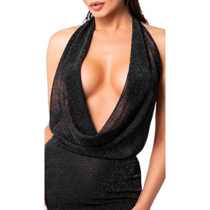 Luminara Mini Dress featuring a plunging neckline and shimmering fabric, perfect for turning heads at any event.