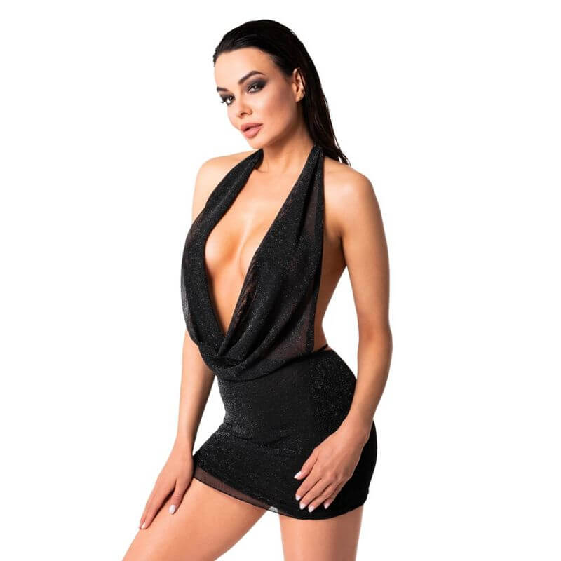 Model wearing a shimmering mini dress featuring a plunging neckline and semi-sheer fabric for a striking look.