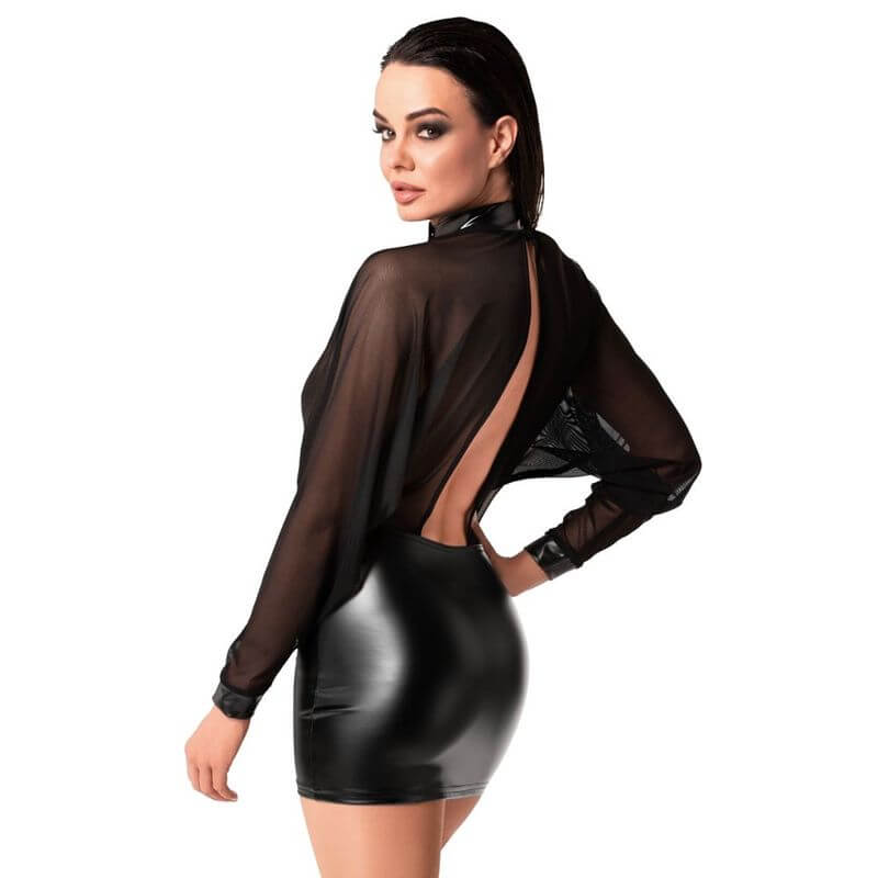 Opium Mini Dress featuring sheer mesh long sleeves and a daring back design, perfect for intimate essentials for her.