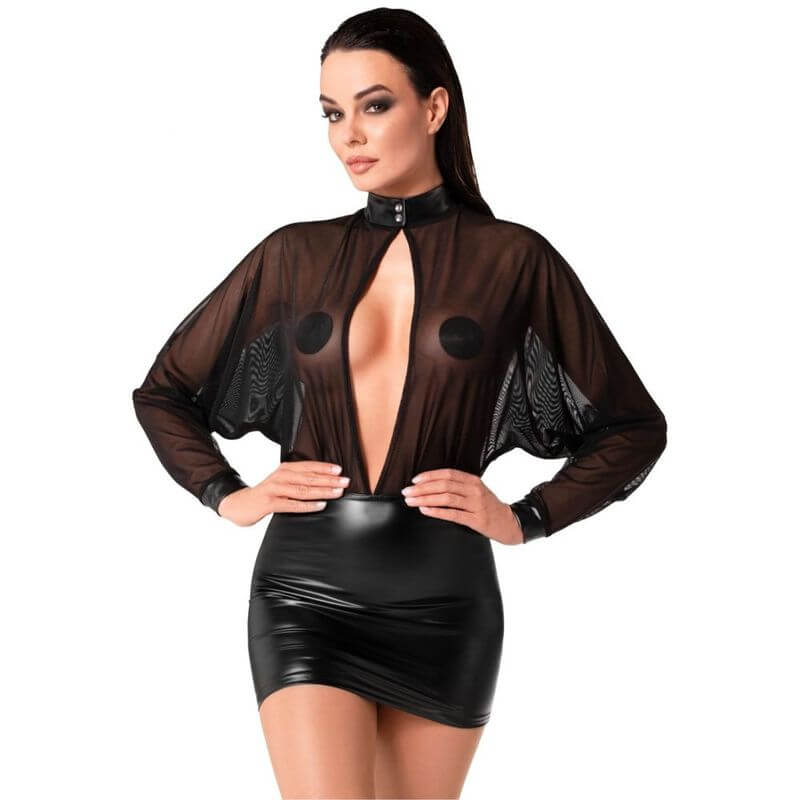 Woman modeling the Opium Mini Dress featuring sheer mesh top and Stretchy Power Wetlook skirt.