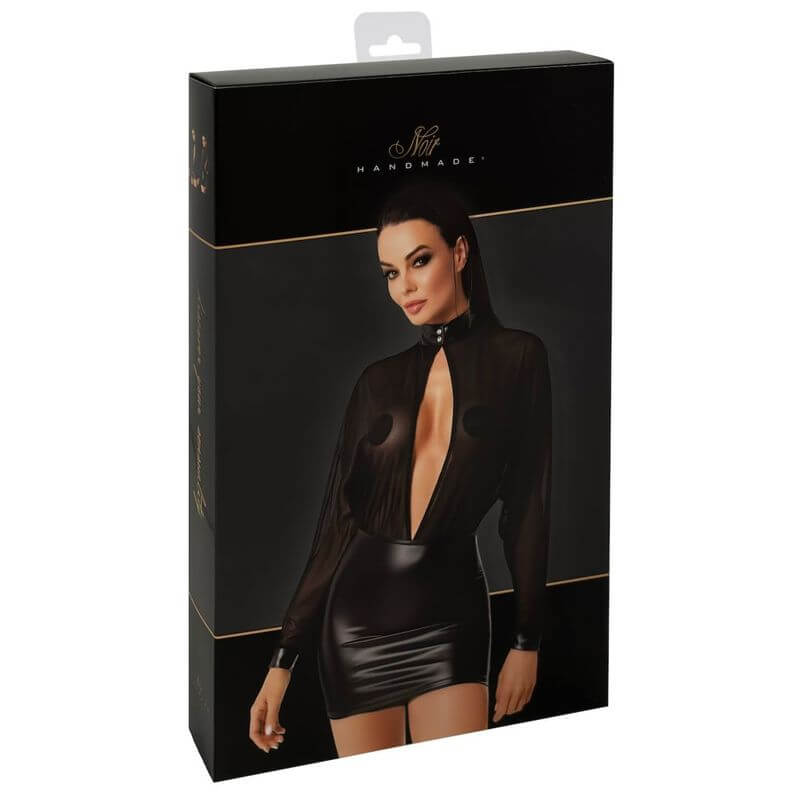 Opium Mini Dress packaging featuring a model in sheer mesh and stretchy wetlook fabric, showcasing daring elegance.