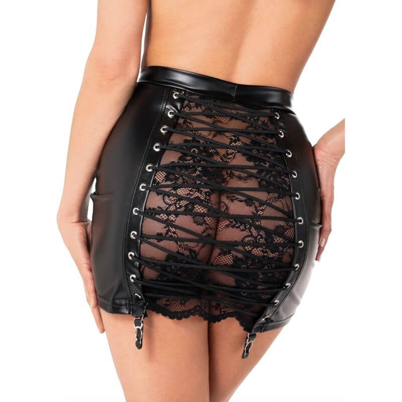 Corset Mini Skirt showcasing a figure-hugging fit with intricate lace-up detailing at the back for a striking look.