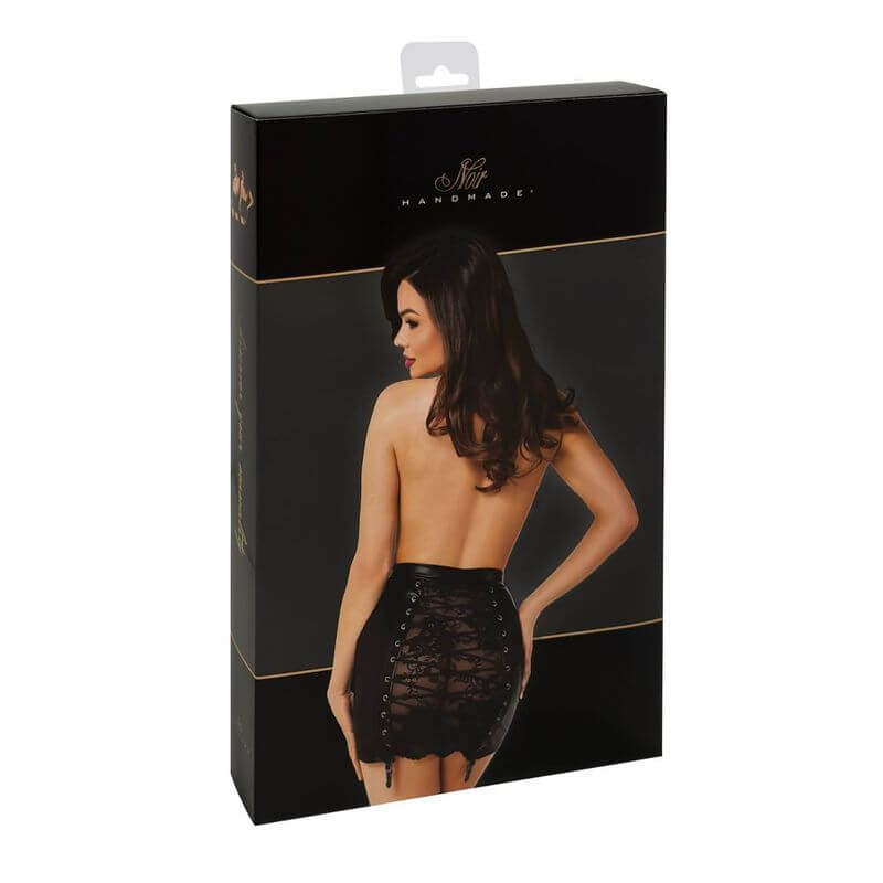 Corset mini skirt packaging displaying an alluring back view with lace-up detail.
