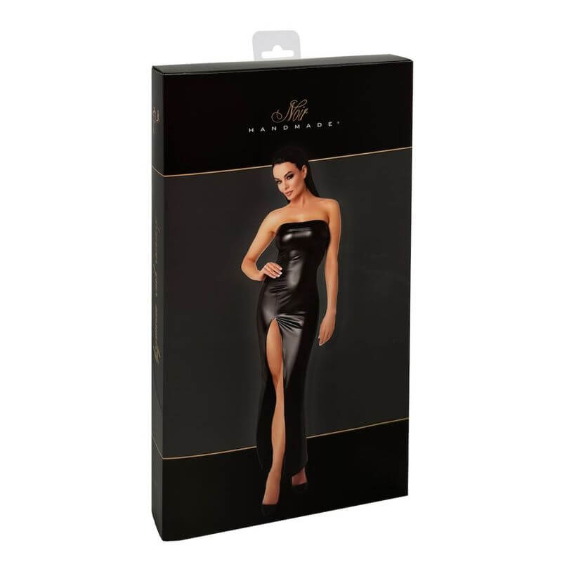 Aphrodisia Long Dress packaging showcasing a strapless gown in Stretchy Power Wetlook fabric.