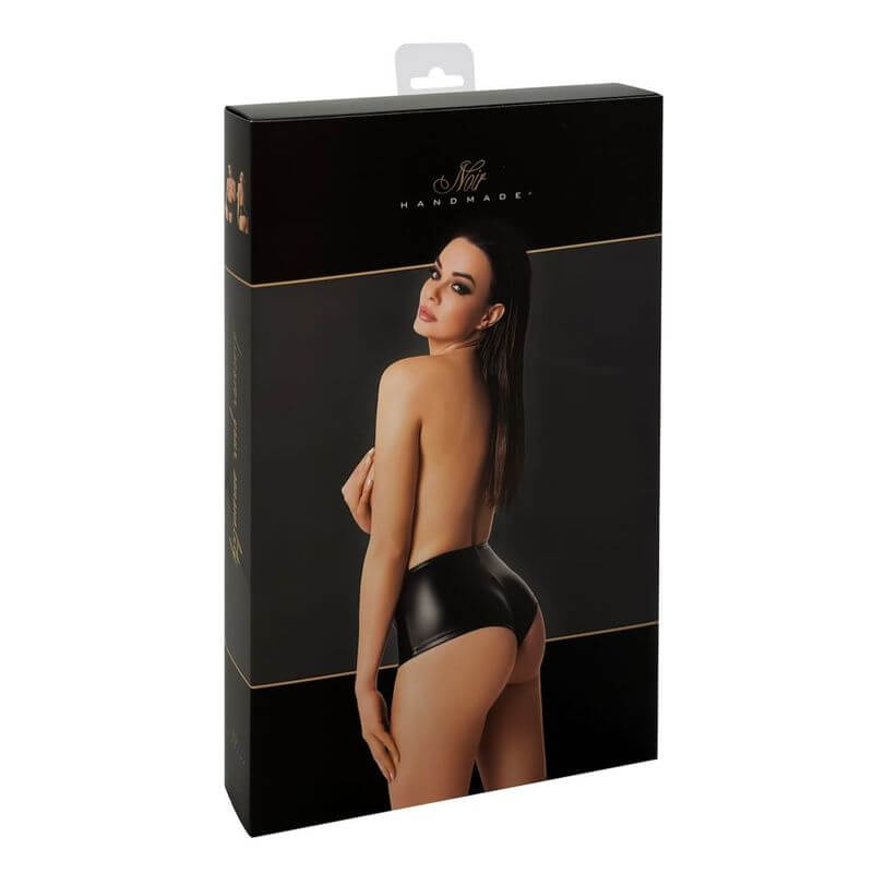 Mysteria Shorts Black packaging featuring a model showcasing the high-waisted panty design.