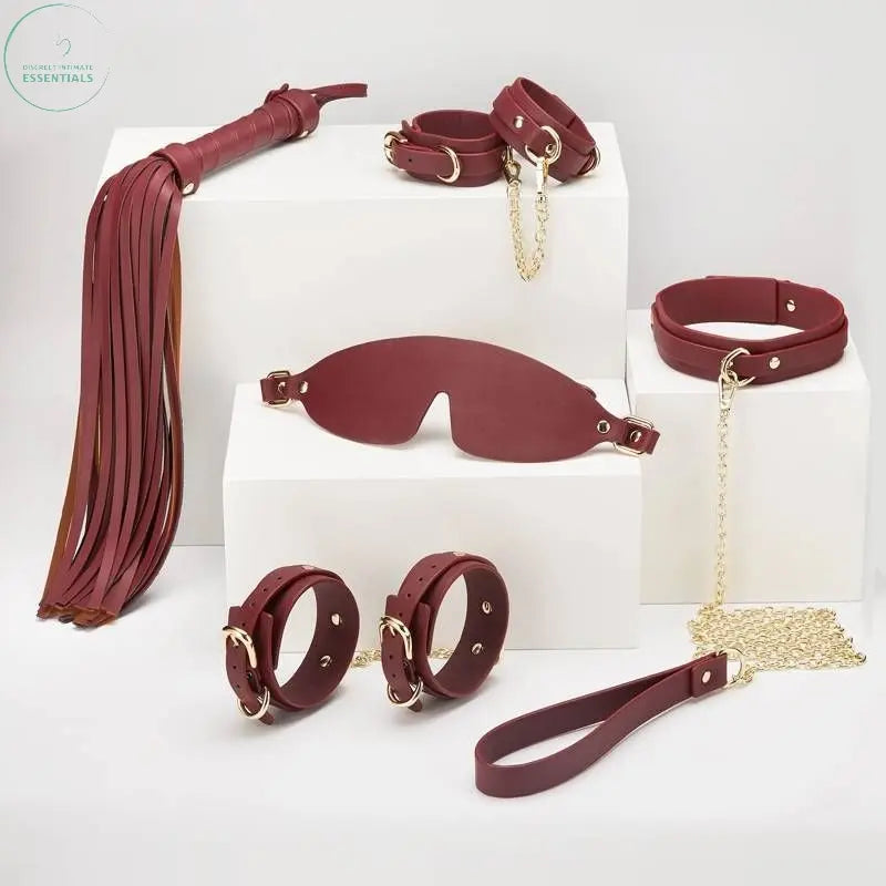 Affordable quality 8 Pc Deluxe Bondage Play Kit Burgundy Gold  from Daytona by Discreet Intimate Essentials with Discreet Delivery 