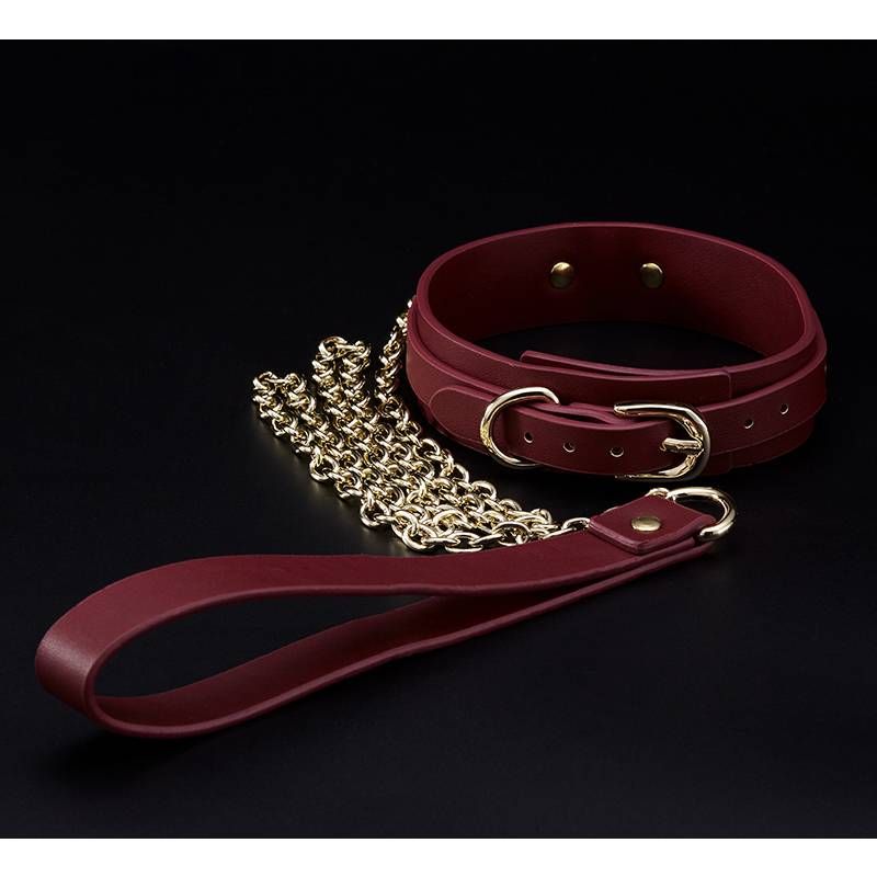 8 Pc Deluxe Bondage Play Kit Burgundy Gold collar and leash in faux leather with gold metal chain.