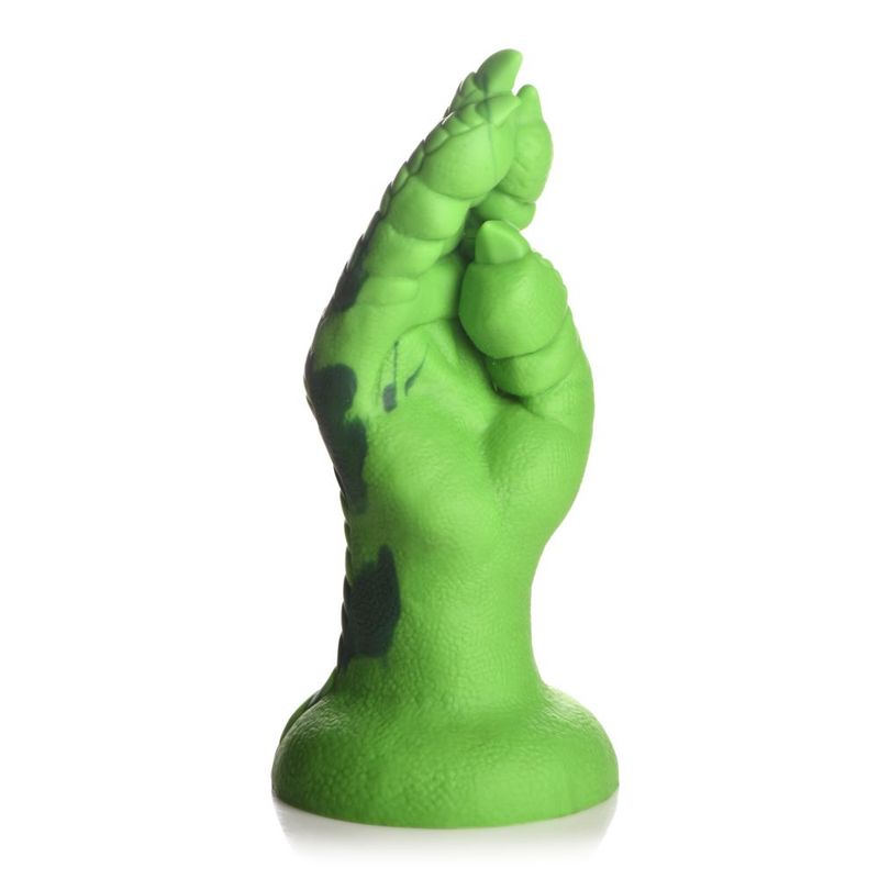 Raptor claw dildo in vibrant green color, designed for intense sensations with textured scales and flanged base.