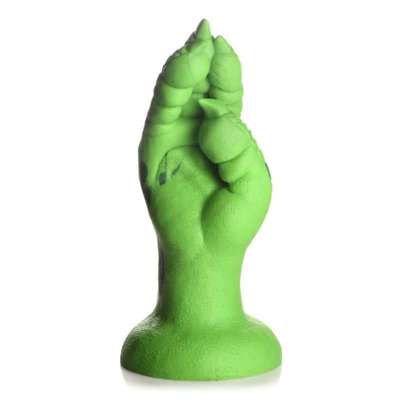 Raptor claw dildo in green, featuring detailed scales and claws, designed for unique pleasure experiences.