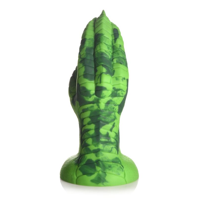 Raptor claw dildo featuring green textured scales and a flanged base for safe use in various positions.