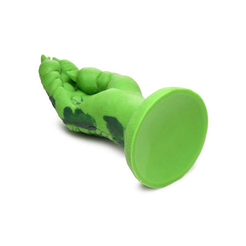 Raptor claw dildo featuring a green, scaled hand design with long claws and strong suction cup base.