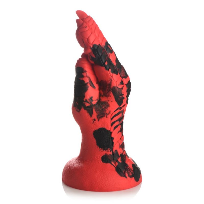 Demon Claw Fisting Silicone Dildo showcasing detailed red hand with scales and claws, ideal for unique kink experiences.